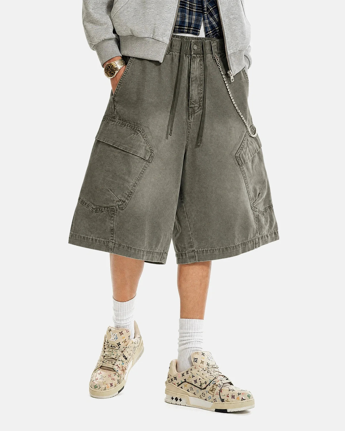 Omygoods Washed Cargo Shorts Utility Pockets