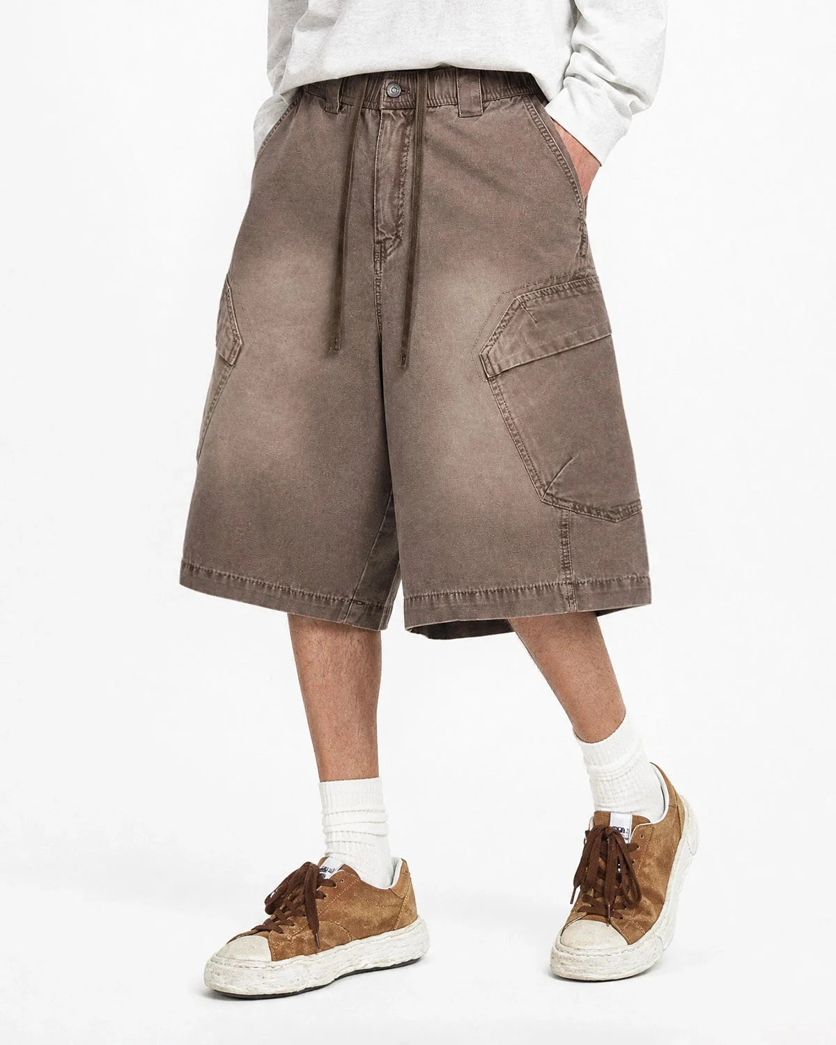 Omygoods Washed Cargo Shorts Utility Pockets