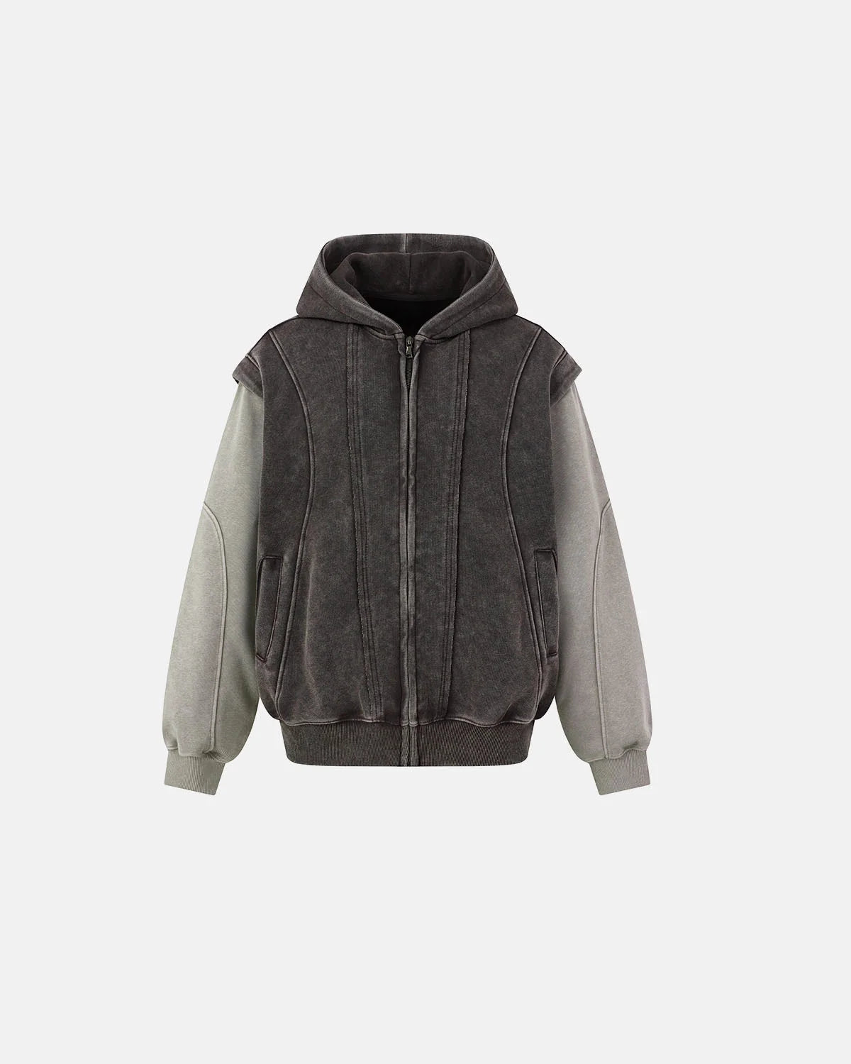 Omygoods Washed Colorblock Boxy Zip Up Hoodie