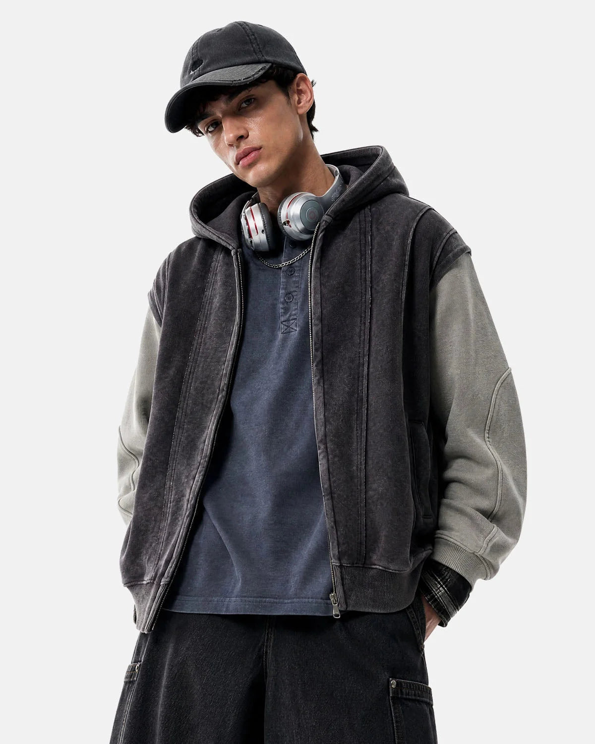 Omygoods Washed Colorblock Boxy Zip Up Hoodie
