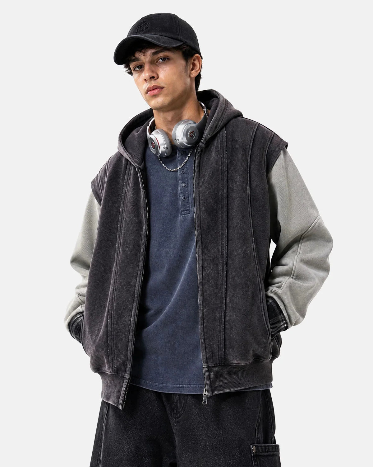 Omygoods Washed Colorblock Boxy Zip Up Hoodie
