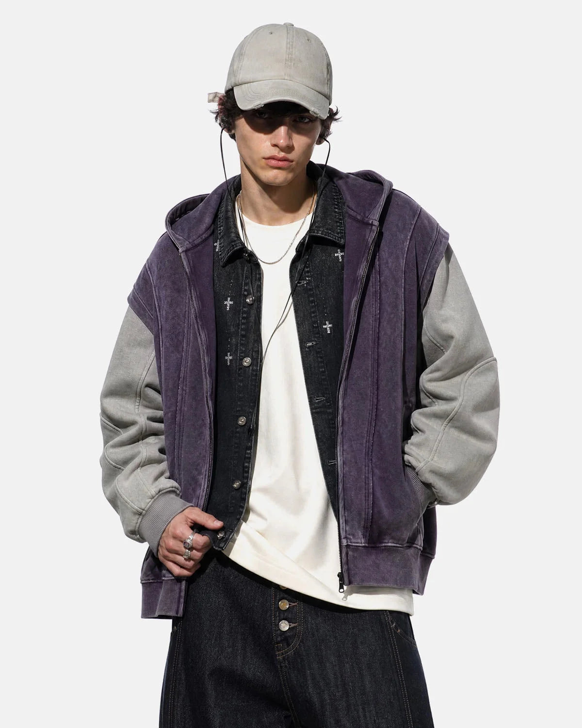 Omygoods Washed Colorblock Boxy Zip Up Hoodie