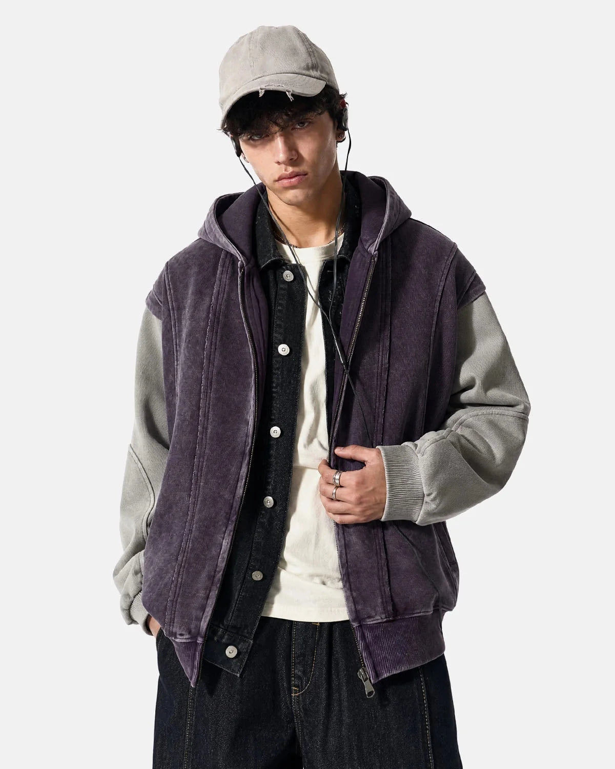 Omygoods Washed Colorblock Boxy Zip Up Hoodie