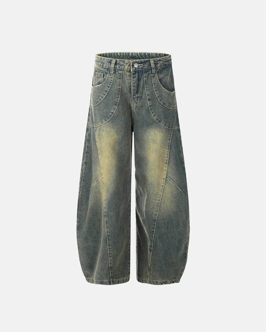 Omygoods Washed Curved Seam Barrel Jeans