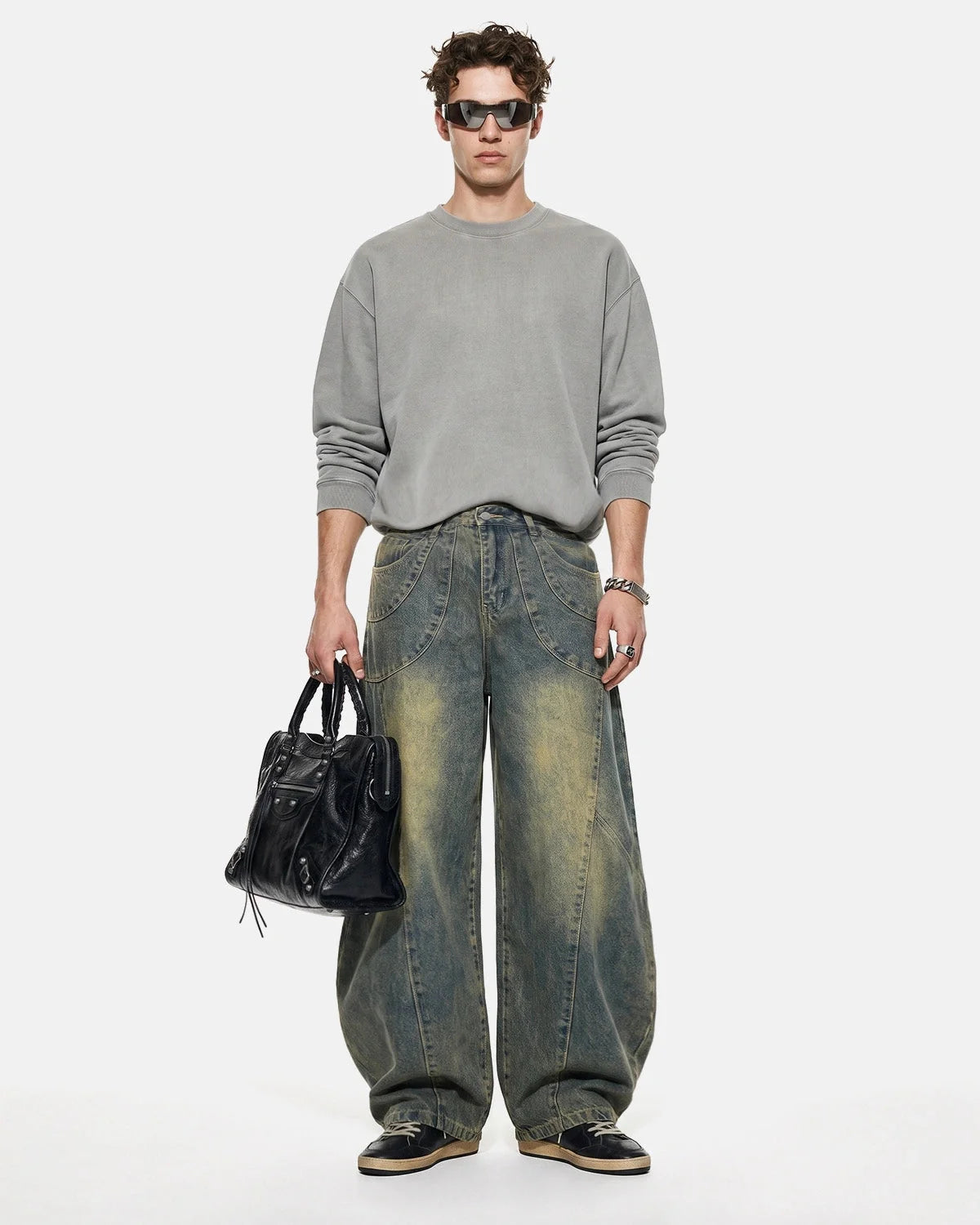 Omygoods Washed Curved Seam Barrel Jeans
