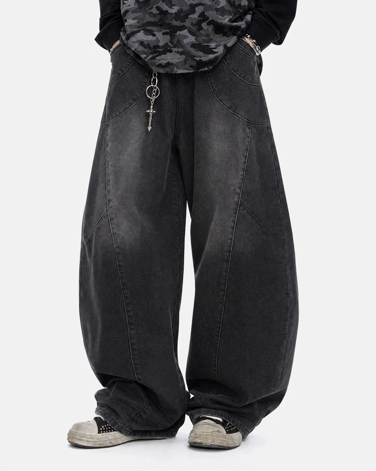 Omygoods Washed Curved Seam Barrel Jeans
