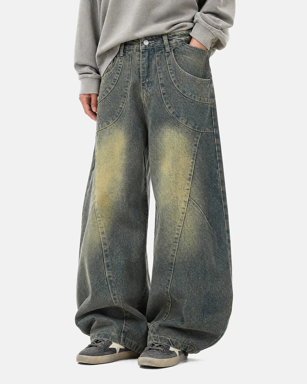 Omygoods Washed Curved Seam Barrel Jeans
