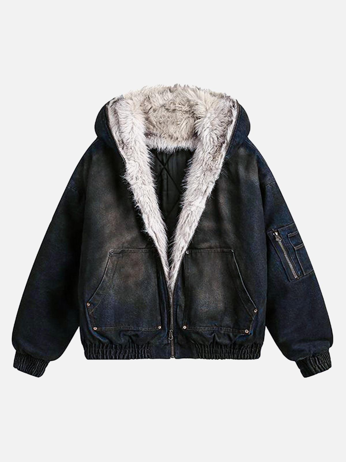 Omygoods Cotton Washed Fur Hooded Jacket