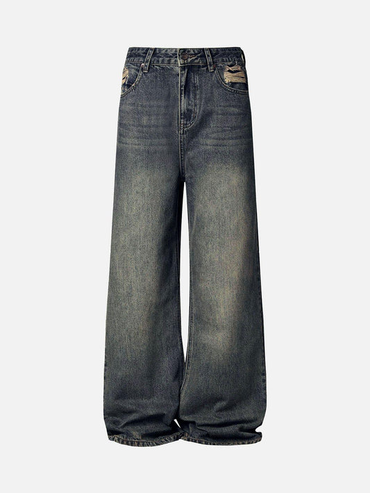 Omygoods Washed Dirty-Dye Straight Jeans