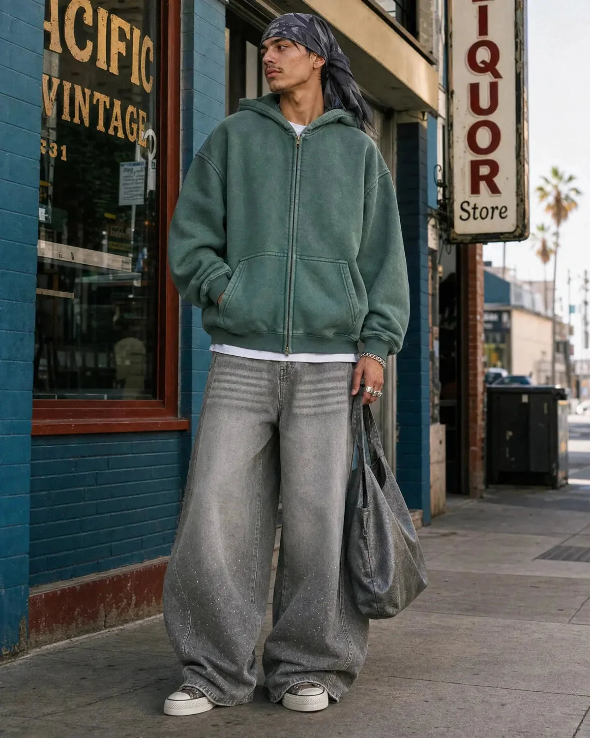 Omygoods Washed Distressed Fleece Zip Up Hoodie