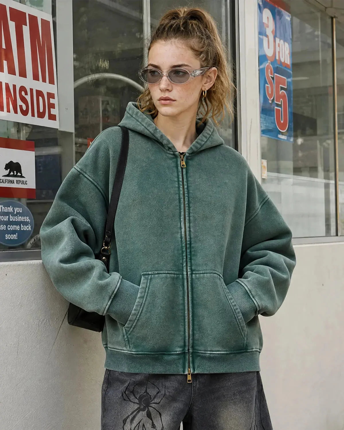 Omygoods Washed Distressed Fleece Zip Up Hoodie