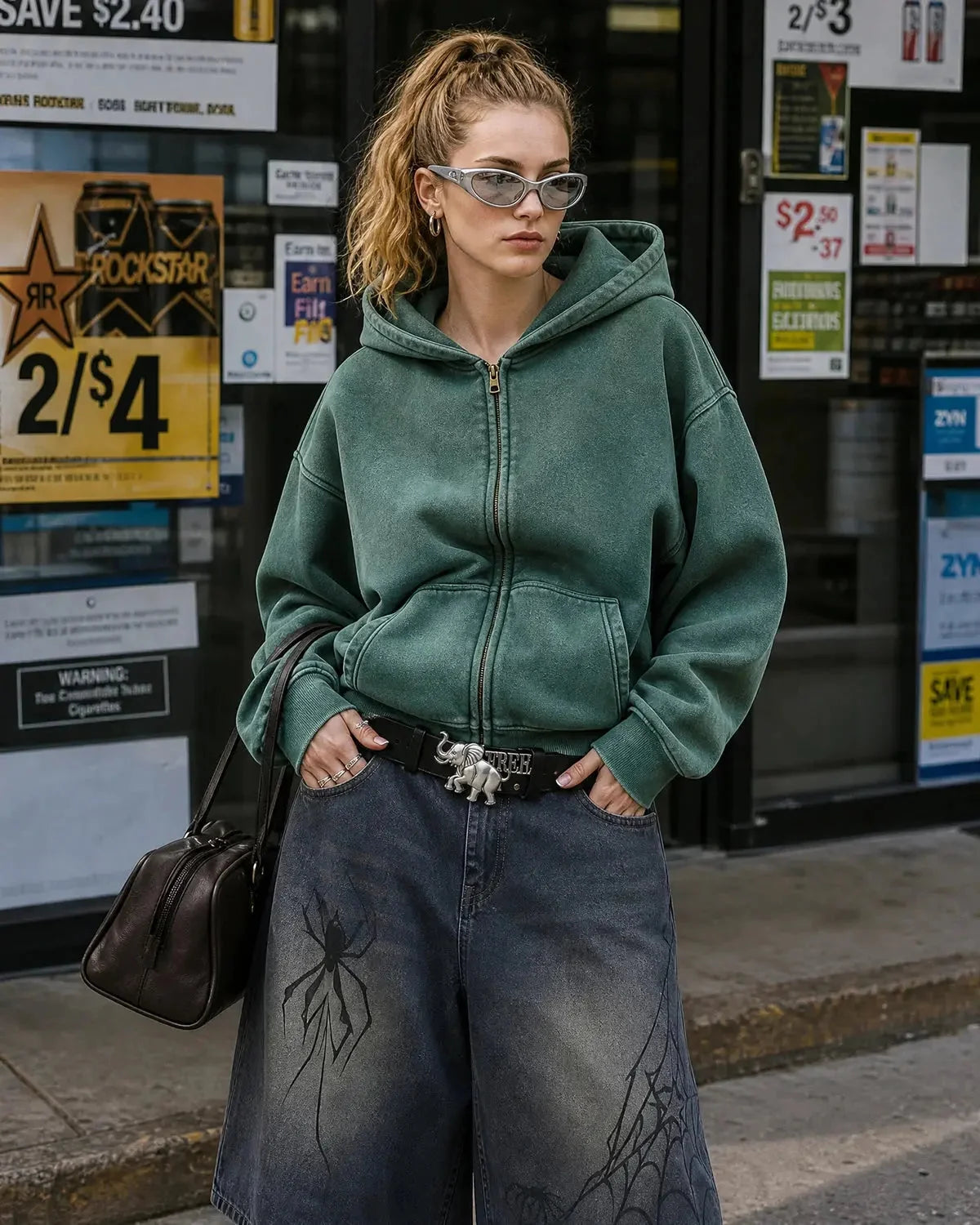 Omygoods Washed Distressed Fleece Zip Up Hoodie