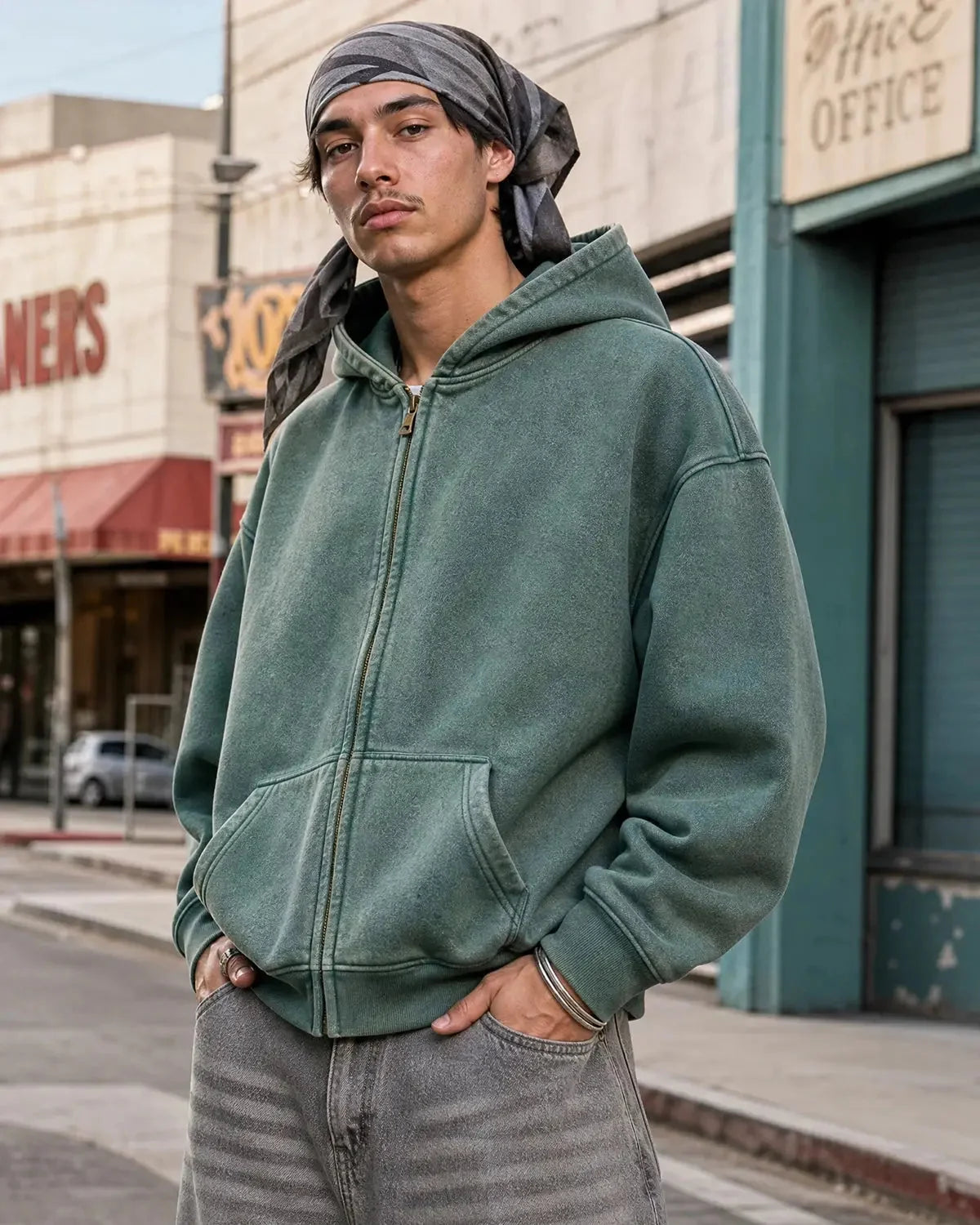 Omygoods Washed Distressed Fleece Zip Up Hoodie