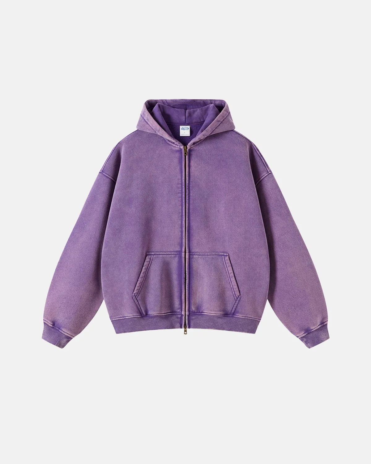 Omygoods Washed Distressed Fleece Zip Up Hoodie