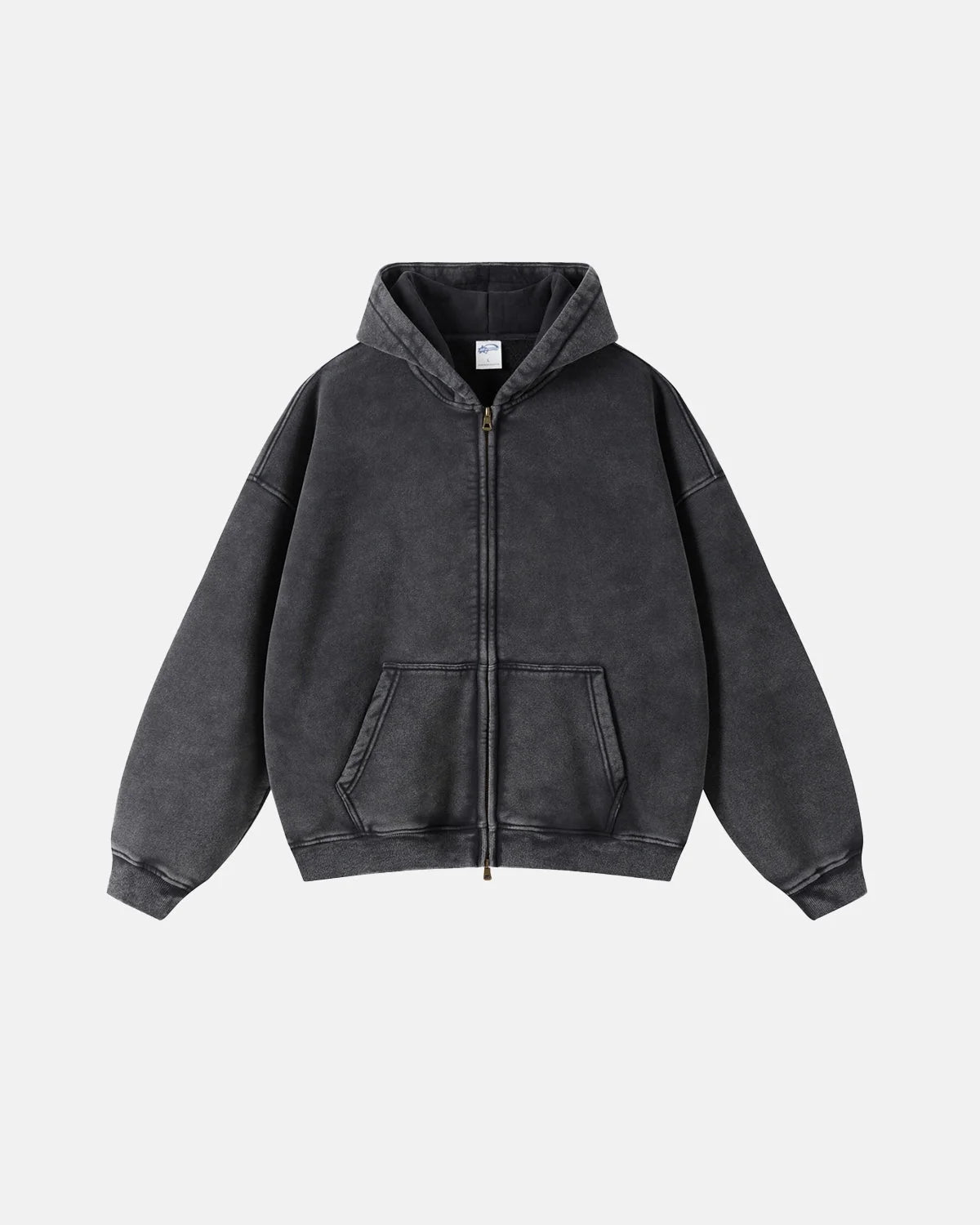Omygoods Washed Distressed Fleece Zip Up Hoodie