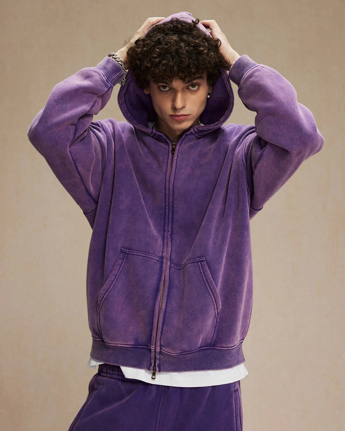 Omygoods Washed Distressed Fleece Zip Up Hoodie