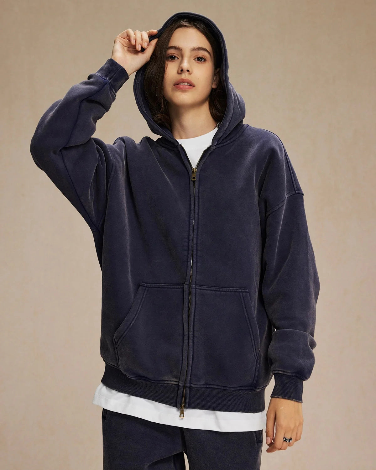Omygoods Washed Distressed Fleece Zip Up Hoodie
