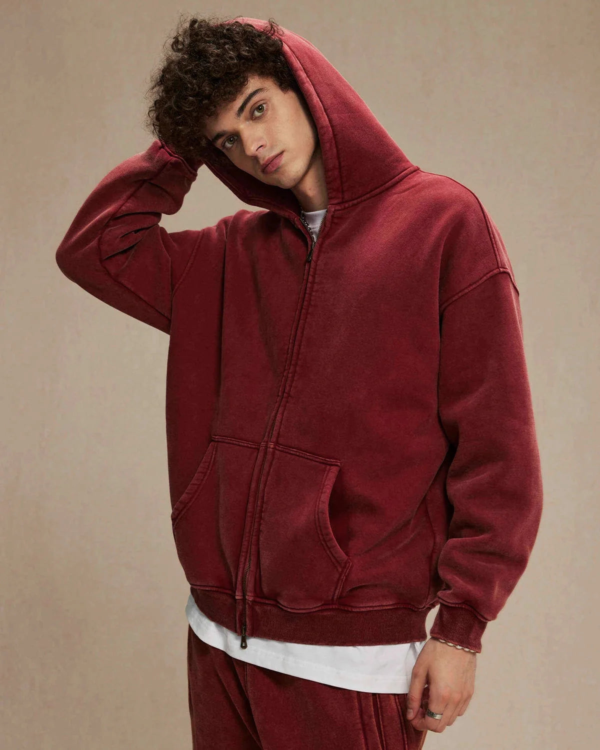 Omygoods Washed Distressed Fleece Zip Up Hoodie