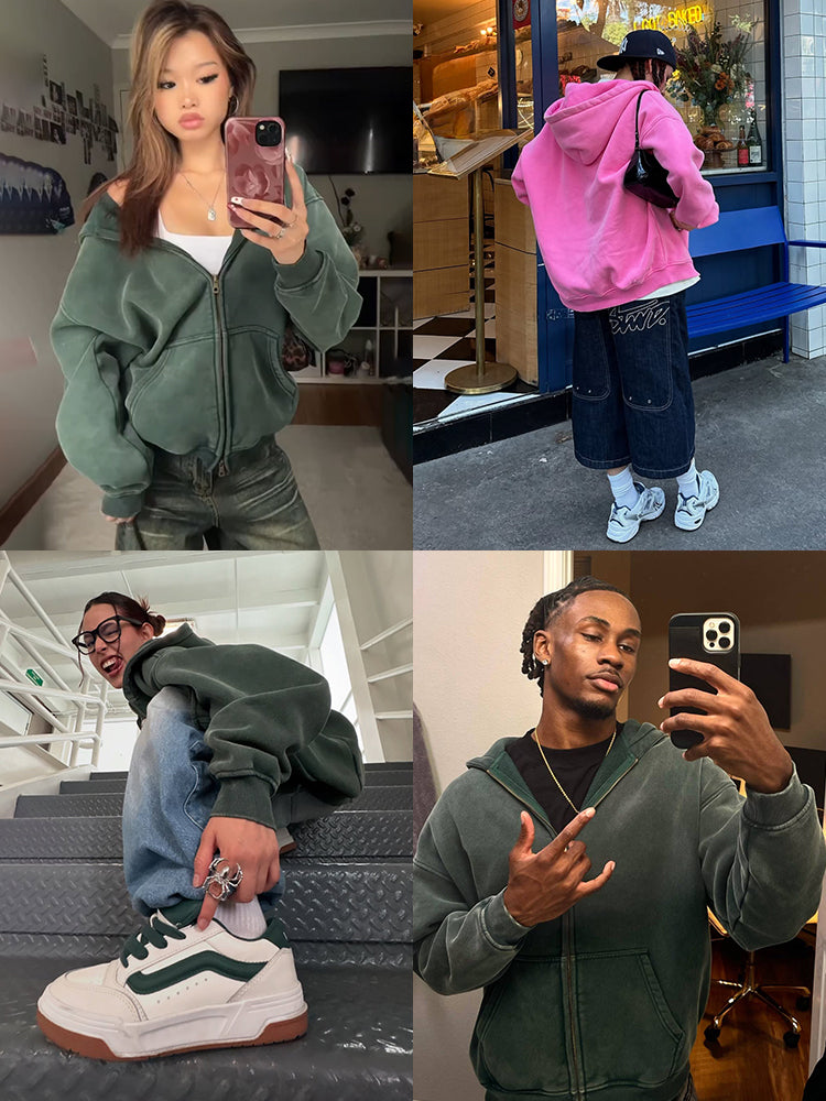Omygoods Washed Distressed Fleece Zip Up Hoodie