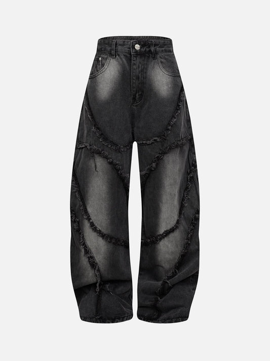 Omygoods Washed Distressed Raw Edge Barrel Jeans