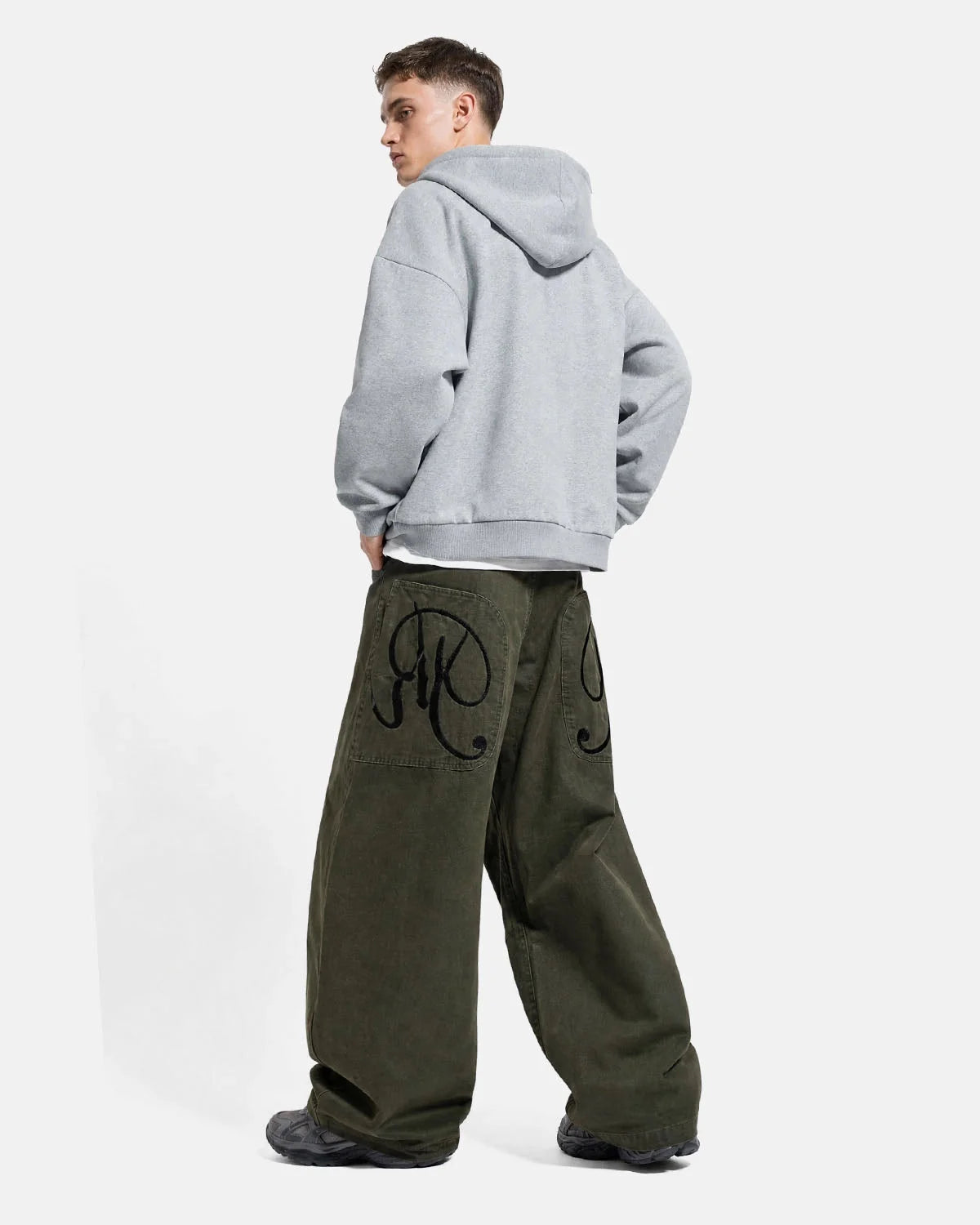 Omygoods Washed Embroidered Barrel Cargo Pants