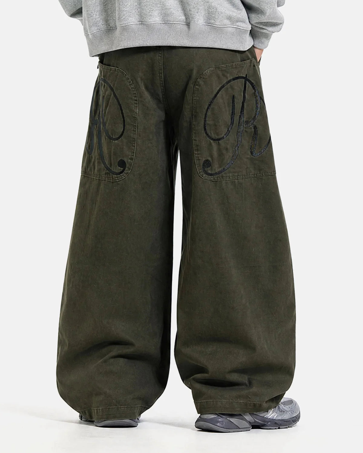 Omygoods Washed Embroidered Barrel Cargo Pants