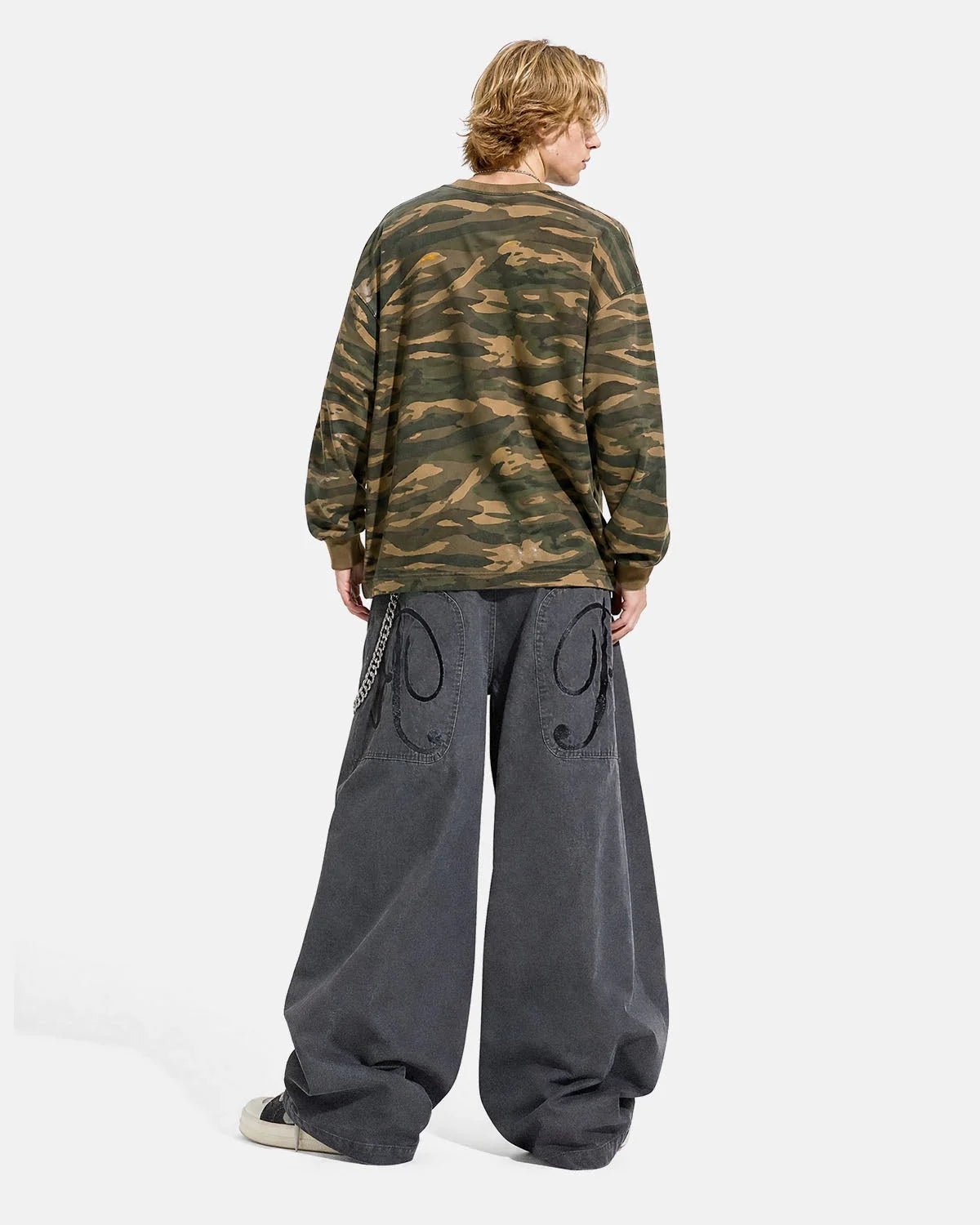 Omygoods Washed Embroidered Barrel Cargo Pants