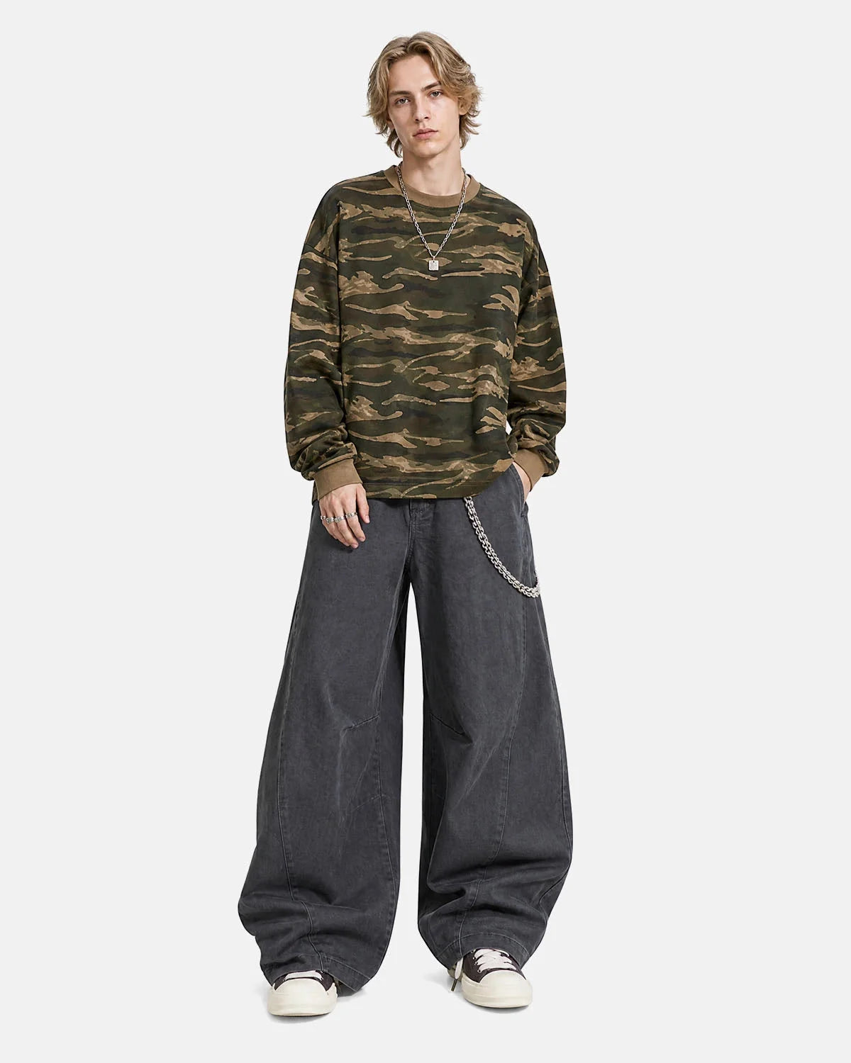 Omygoods Washed Embroidered Barrel Cargo Pants