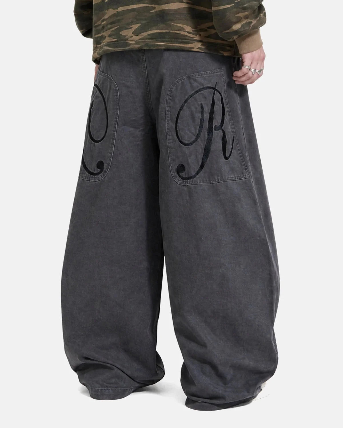 Omygoods Washed Embroidered Barrel Cargo Pants