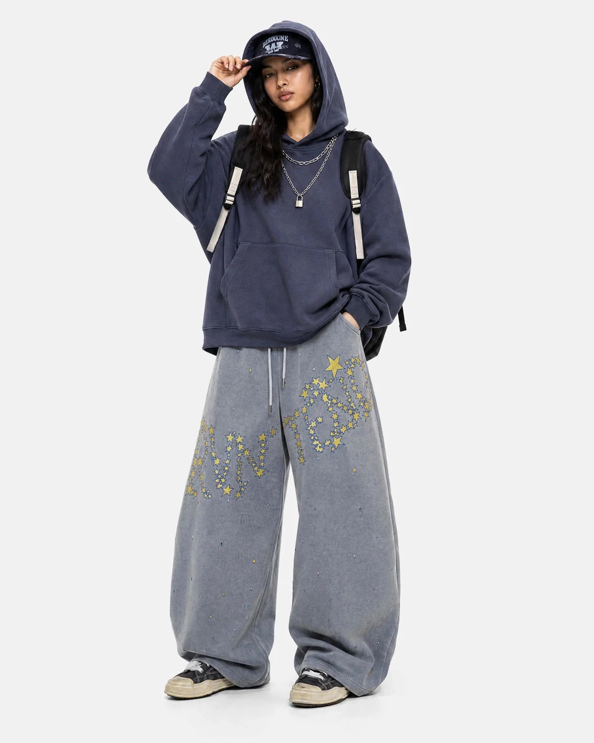 Omygoods Washed Embroidered Star Barrel Sweatpants
