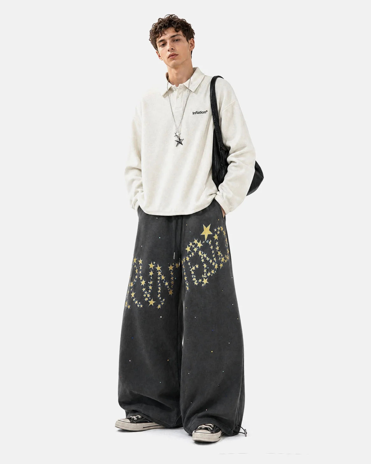 Omygoods Washed Embroidered Star Barrel Sweatpants