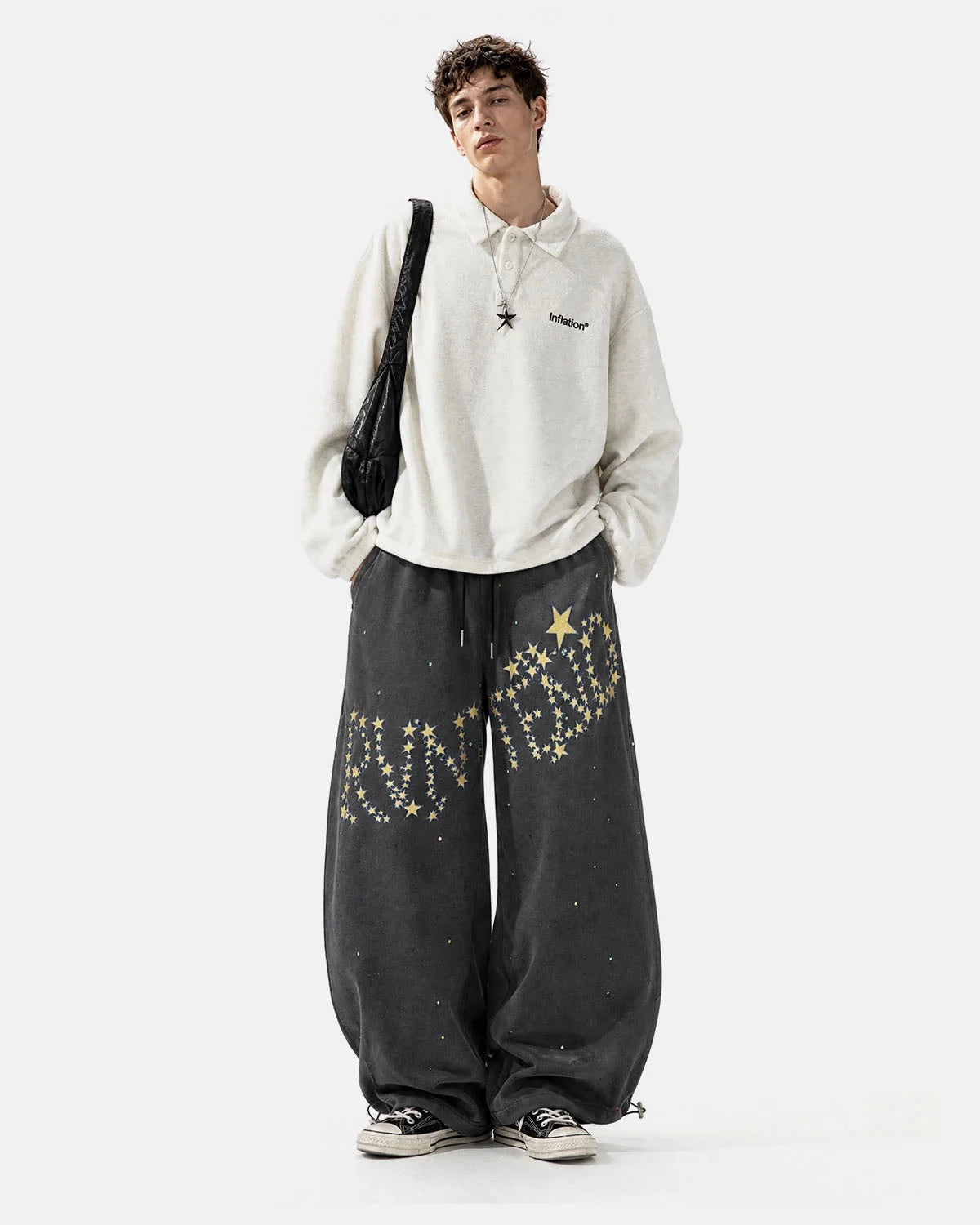 Omygoods Washed Embroidered Star Barrel Sweatpants