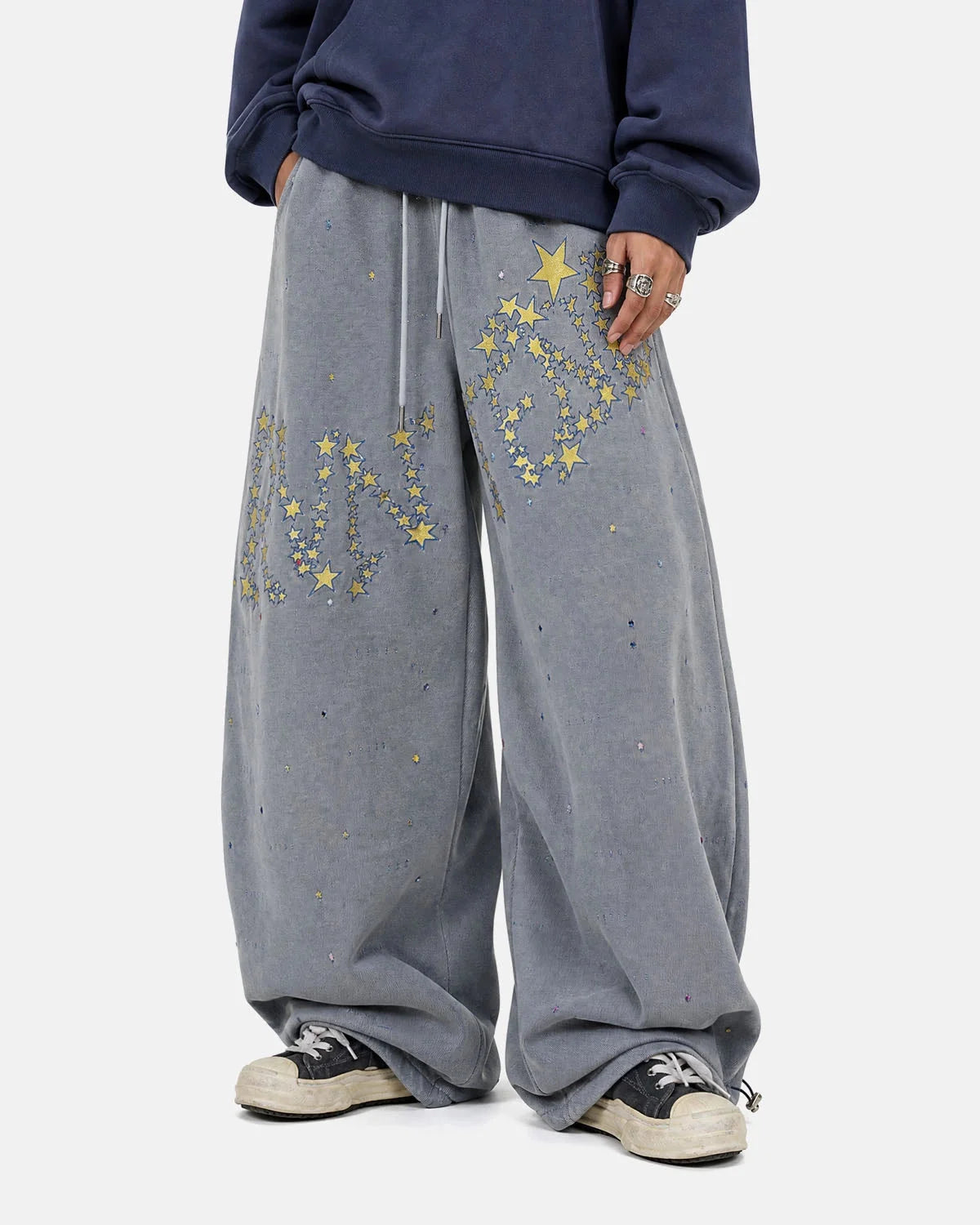 Omygoods Washed Embroidered Star Barrel Sweatpants