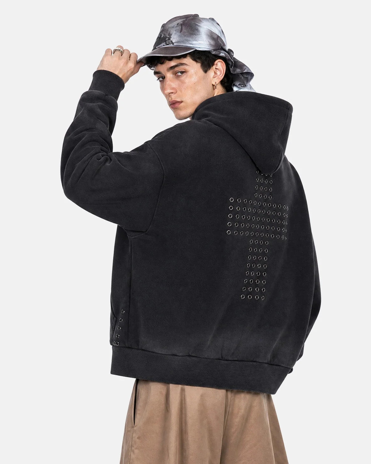 Omygoods Washed Eyelet Cross Zip Up Hoodie