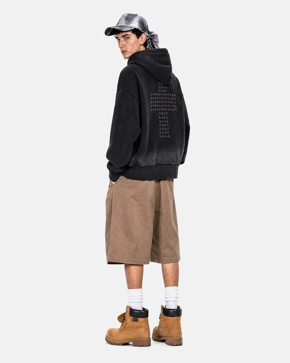 Omygoods Washed Eyelet Cross Zip Up Hoodie