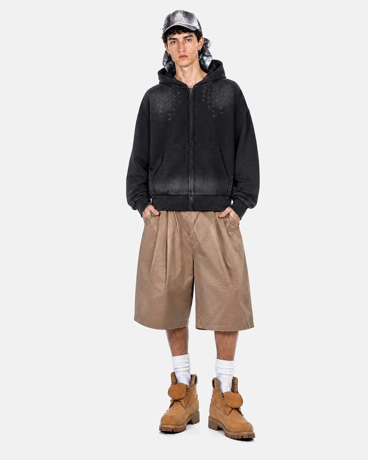 Omygoods Washed Eyelet Cross Zip Up Hoodie