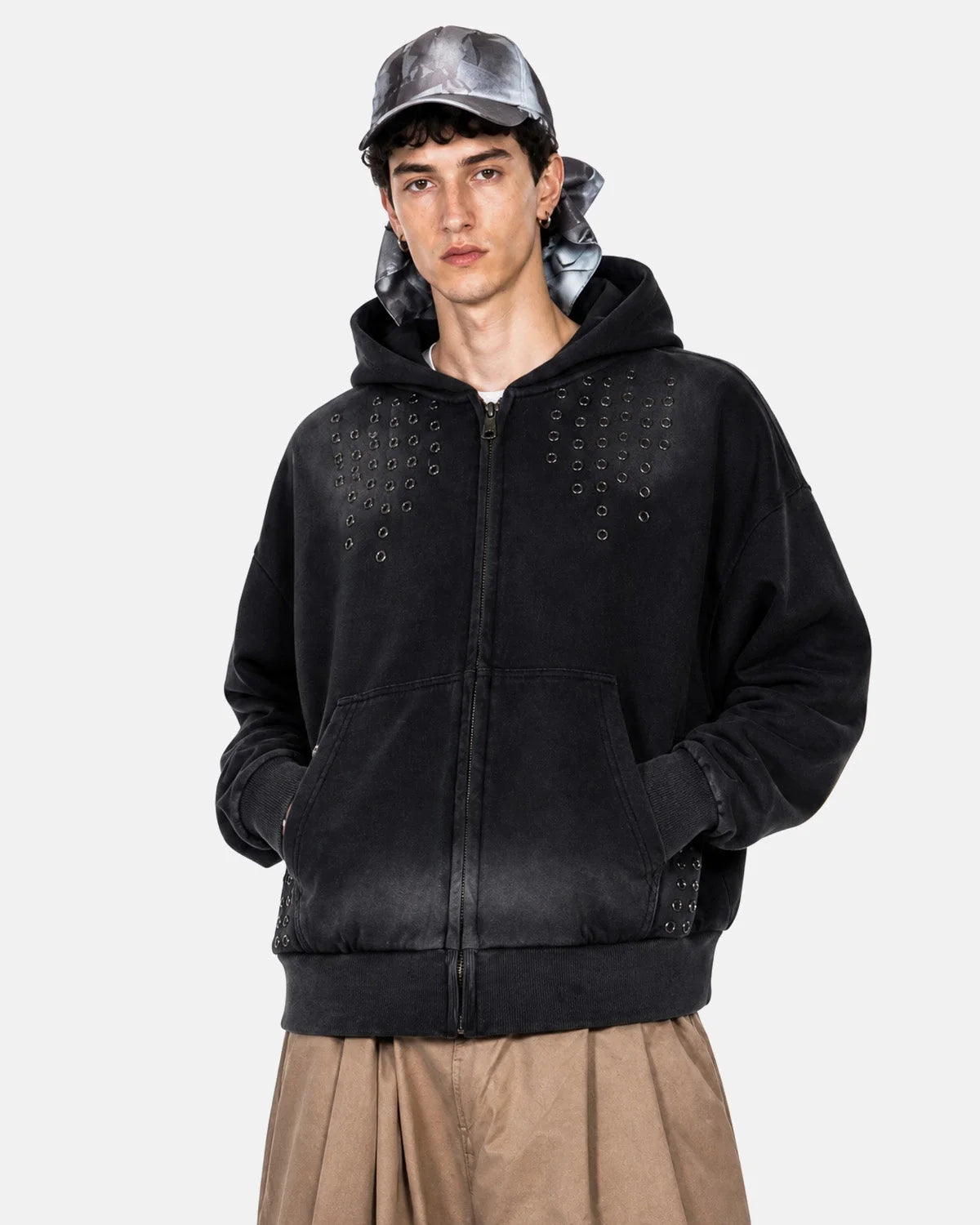 Omygoods Washed Eyelet Cross Zip Up Hoodie