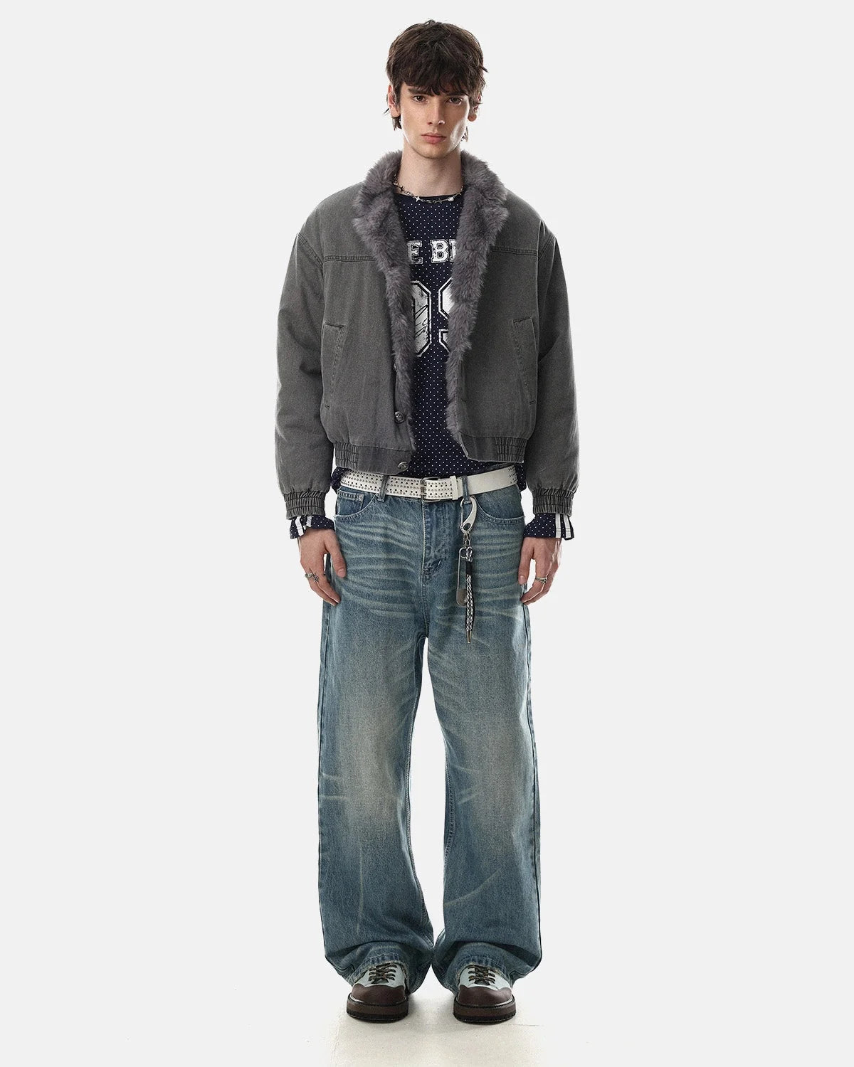 Omygoods Washed Faux Fur Lined Boxy Jacket