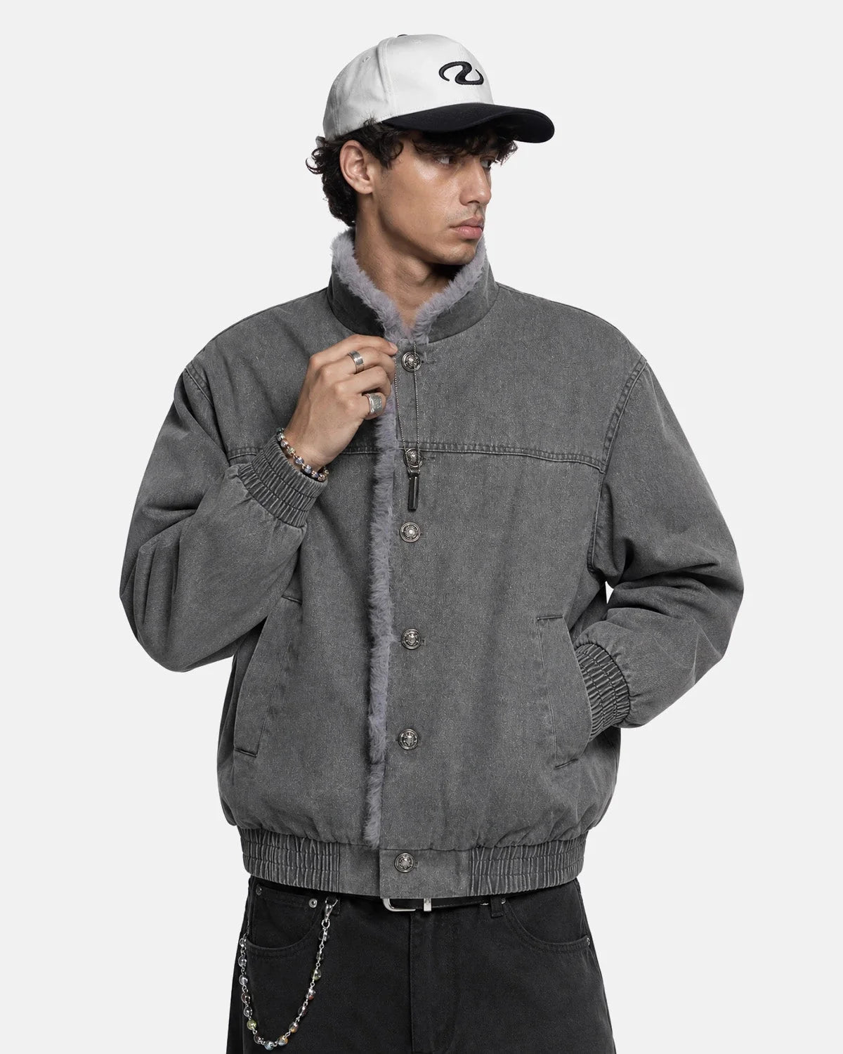Omygoods Washed Faux Fur Lined Boxy Jacket