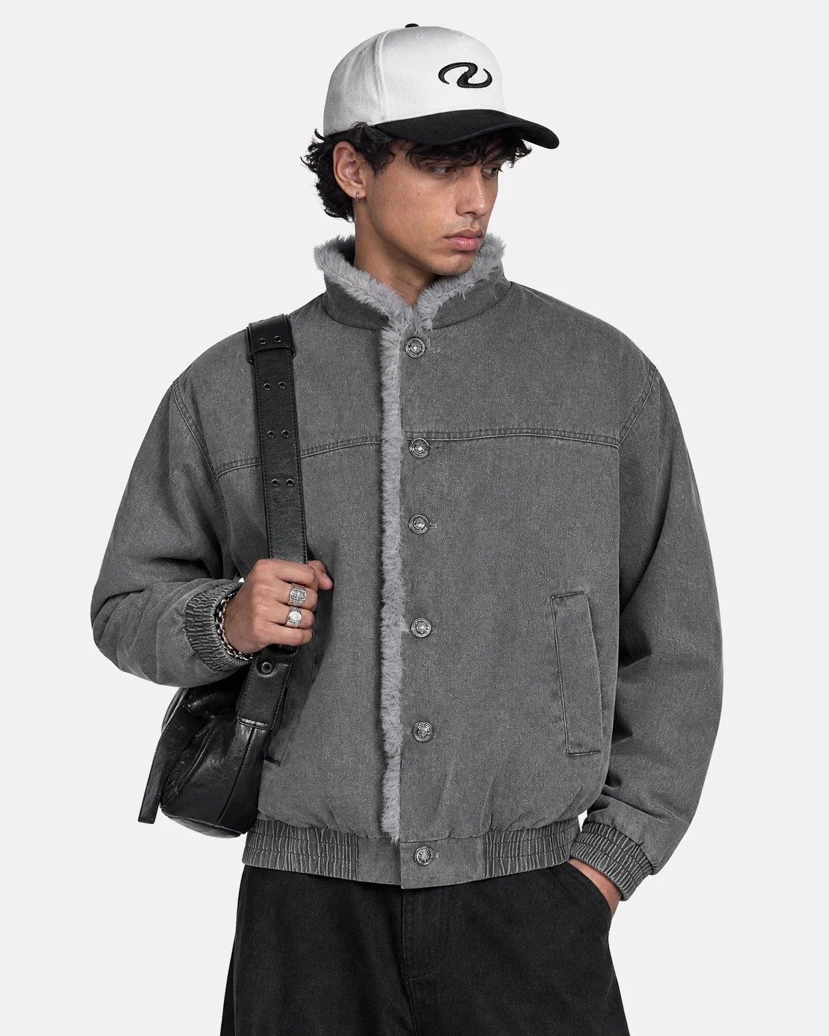 Omygoods Washed Faux Fur Lined Boxy Jacket