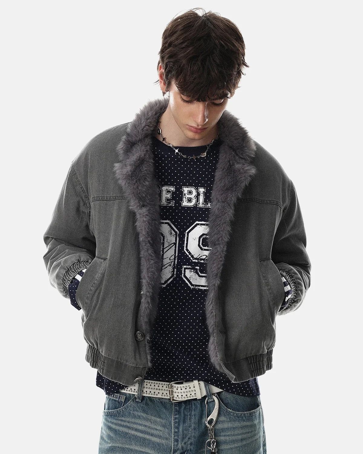 Omygoods Washed Faux Fur Lined Boxy Jacket
