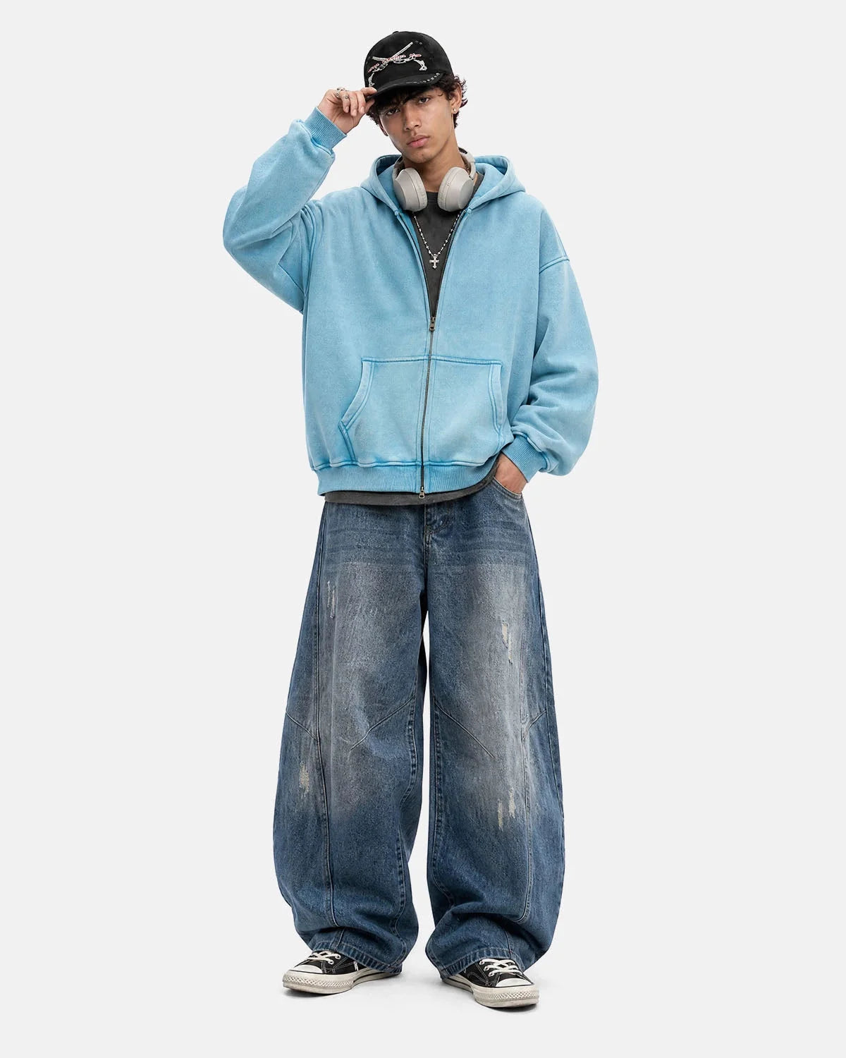 Omygoods Washed Fleece Oversized Zip Up Hoodie