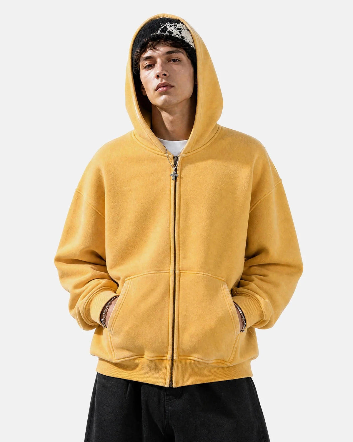 Omygoods Washed Fleece Oversized Zip Up Hoodie