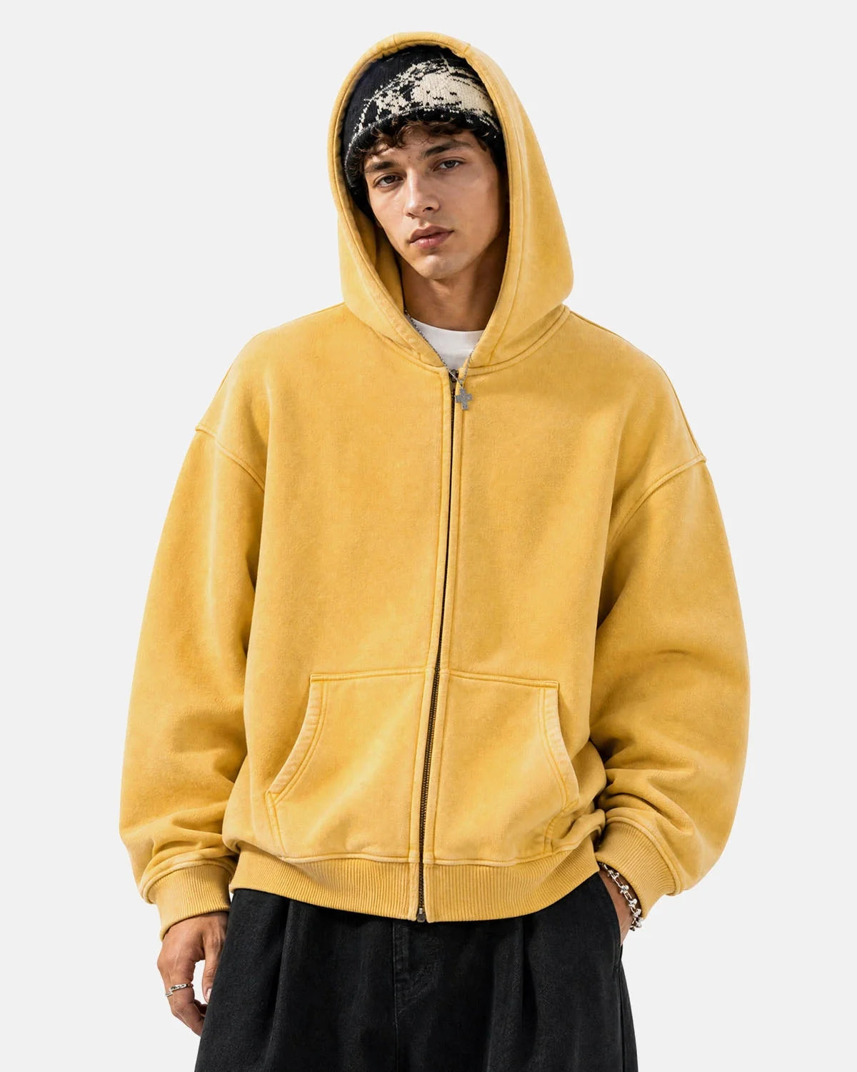 Omygoods Washed Fleece Oversized Zip Up Hoodie