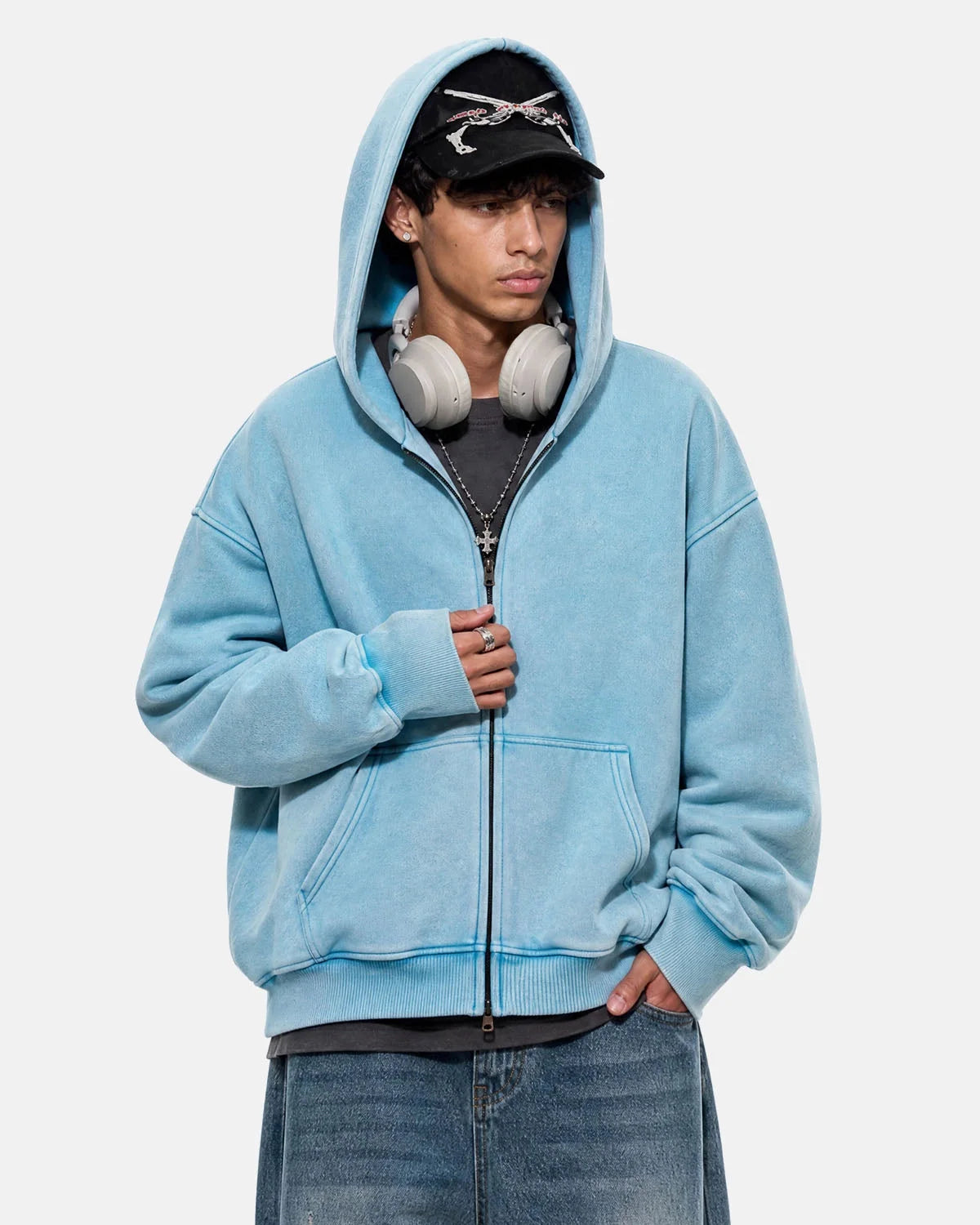 Omygoods Washed Fleece Oversized Zip Up Hoodie