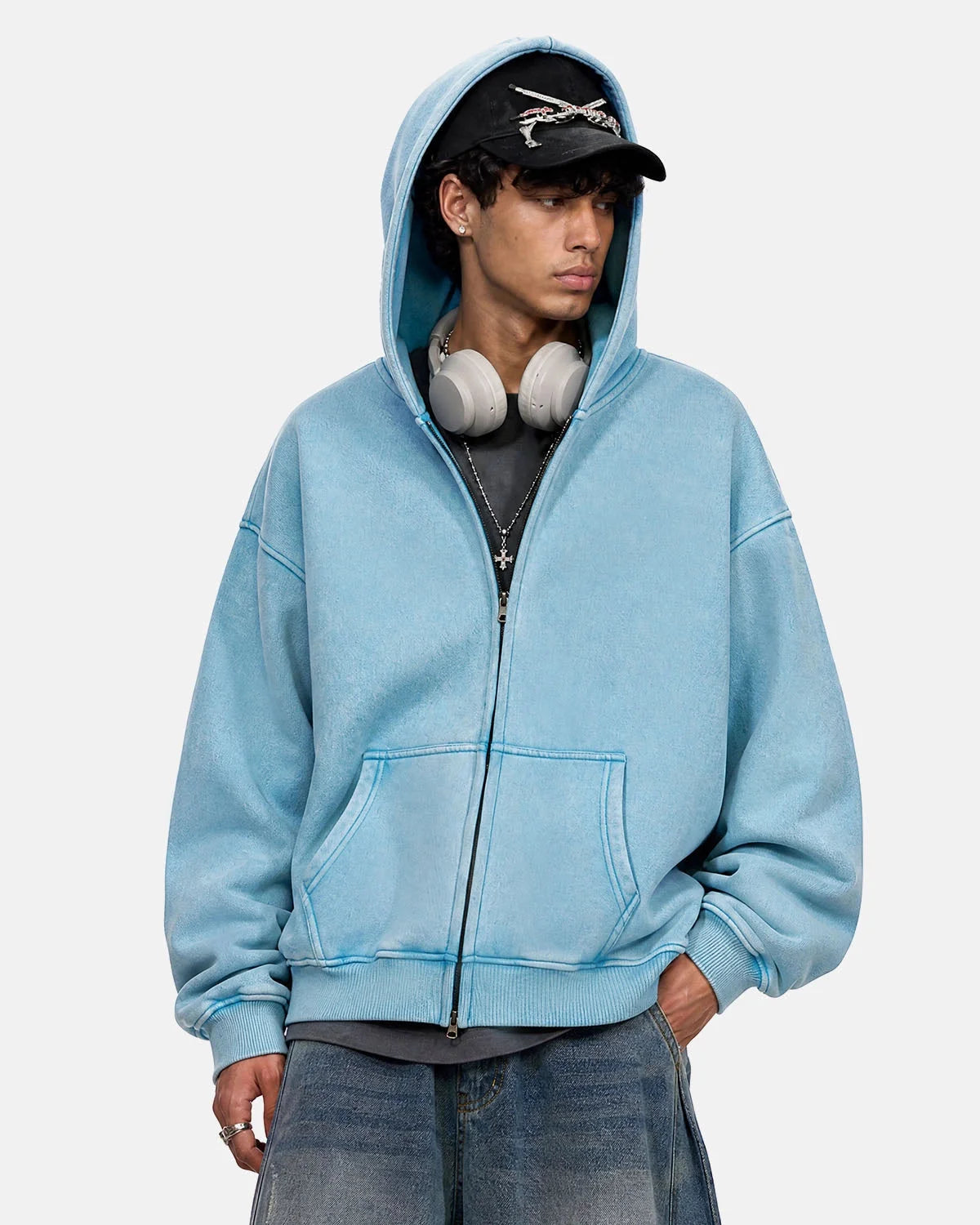 Omygoods Washed Fleece Oversized Zip Up Hoodie