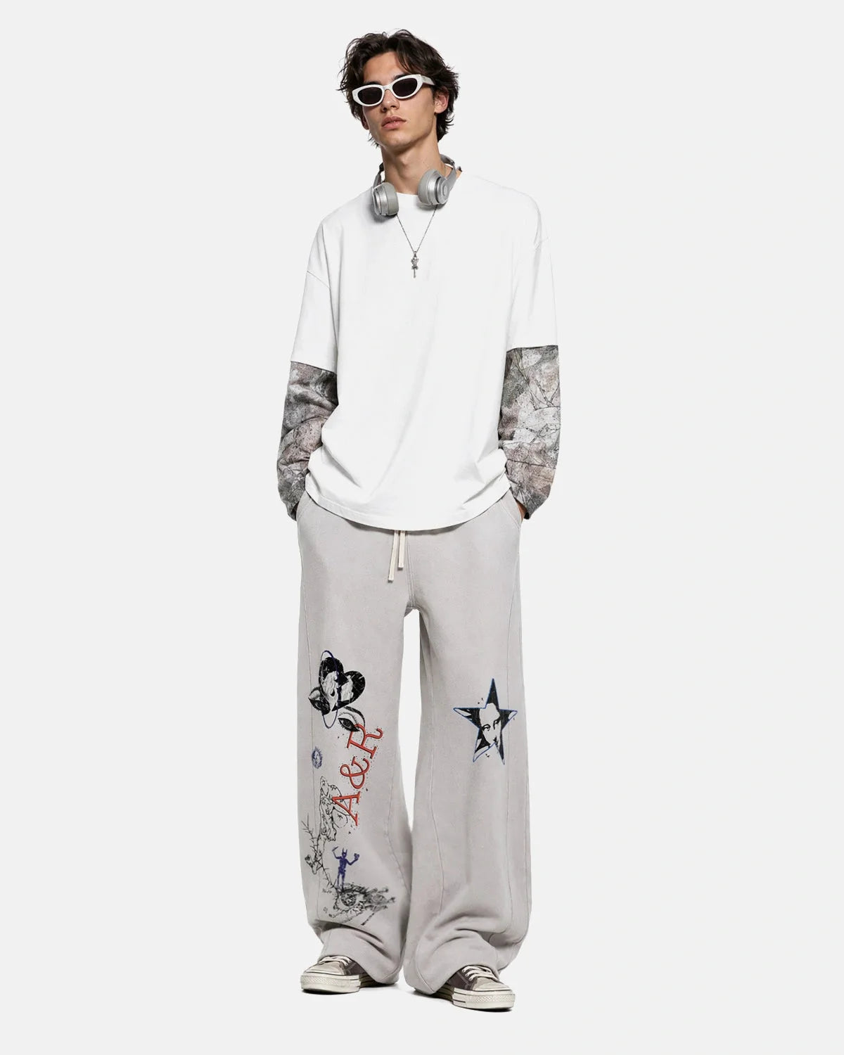 Omygoods Washed Graffiti Graphic Wide-Leg Sweatpants