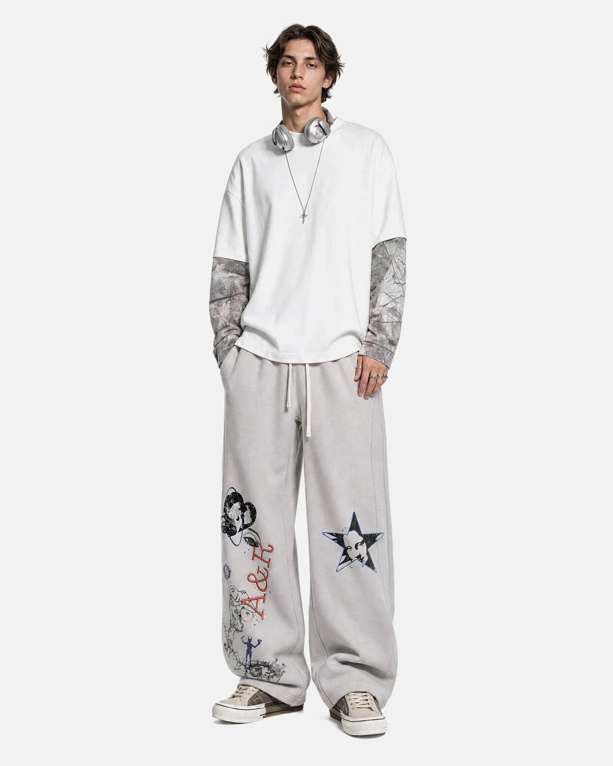 Omygoods Washed Graffiti Graphic Wide-Leg Sweatpants
