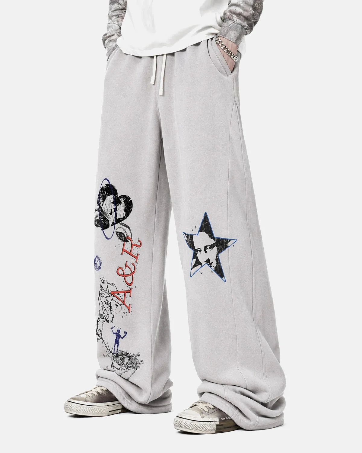 Omygoods Washed Graffiti Graphic Wide-Leg Sweatpants