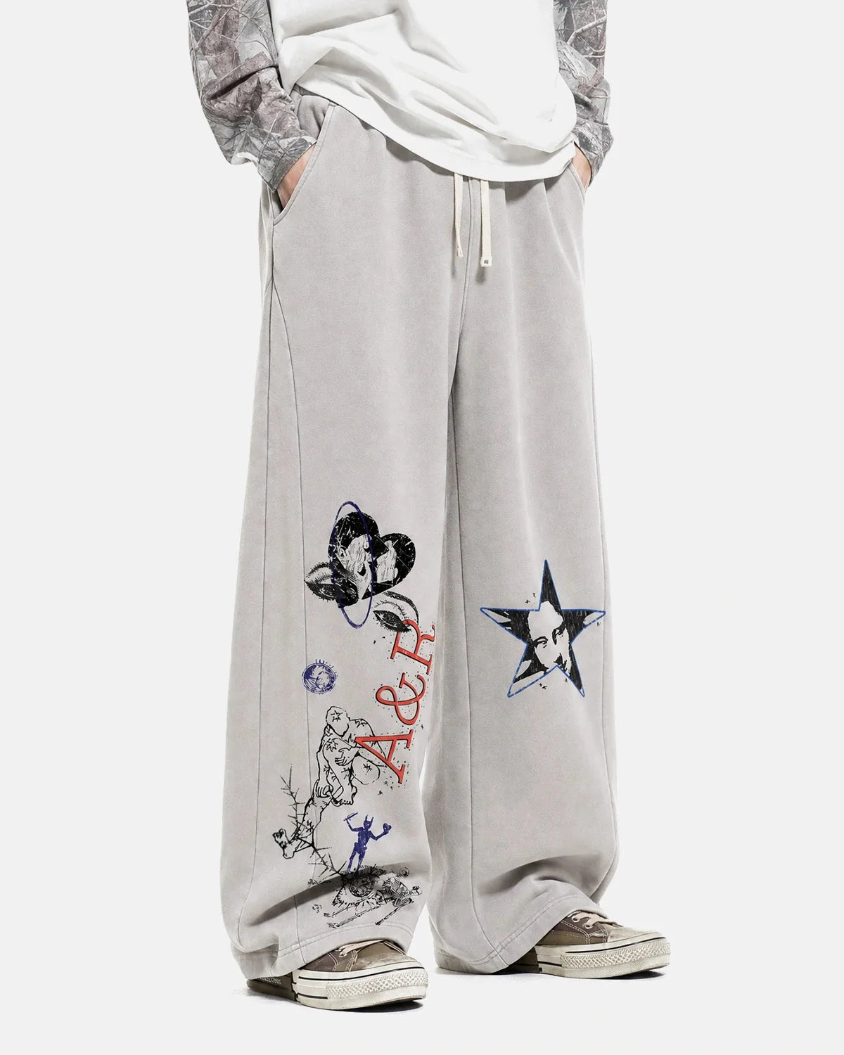 Omygoods Washed Graffiti Graphic Wide-Leg Sweatpants